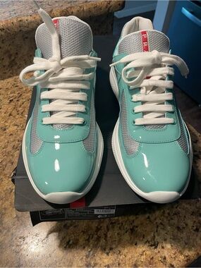 Prada White Leather Low-Top Sneakers with Red Tongue Tab